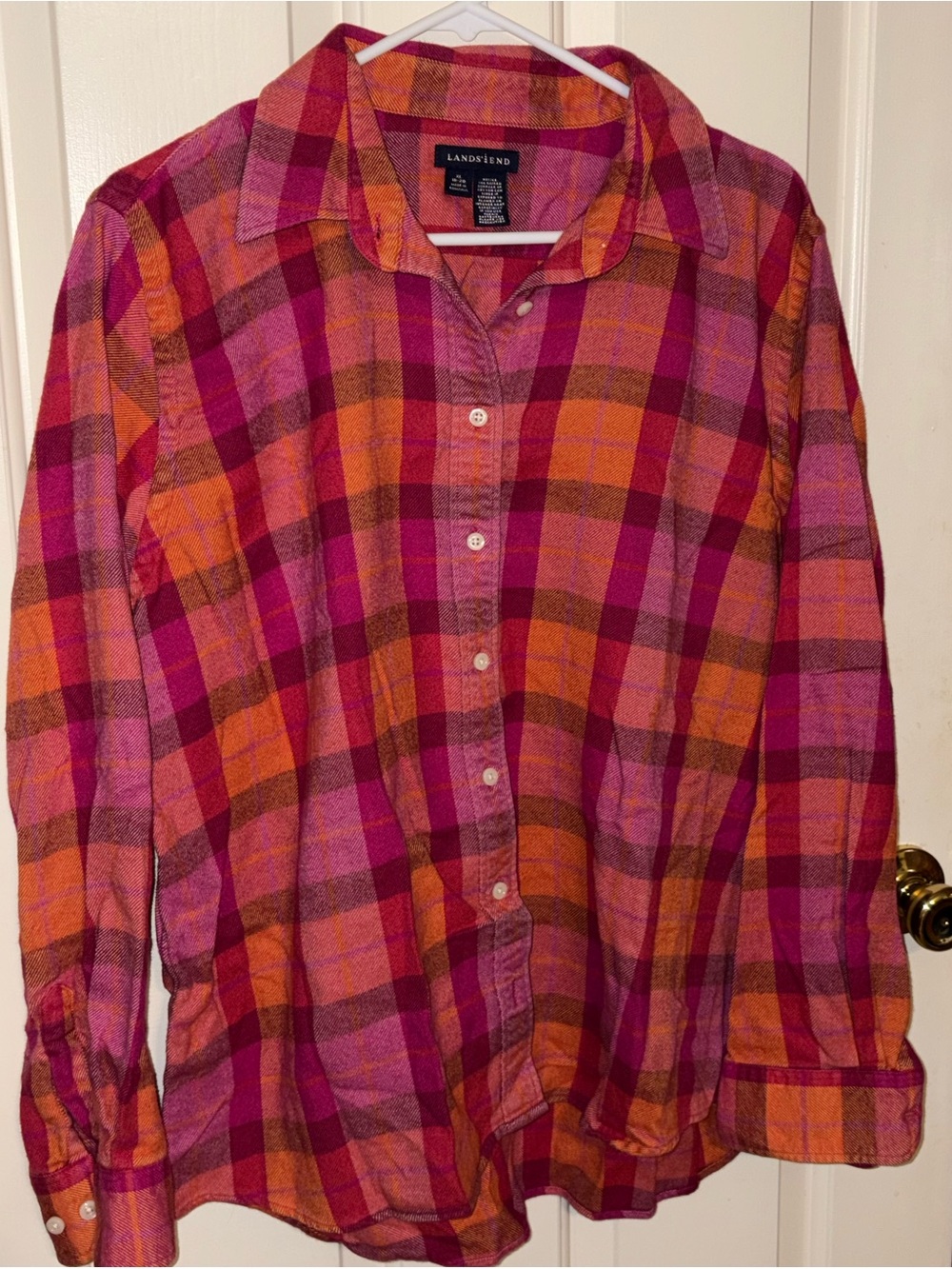 Lands' End Women’s Pink Orange Plaid Button-Down Shirt Fall Flannel